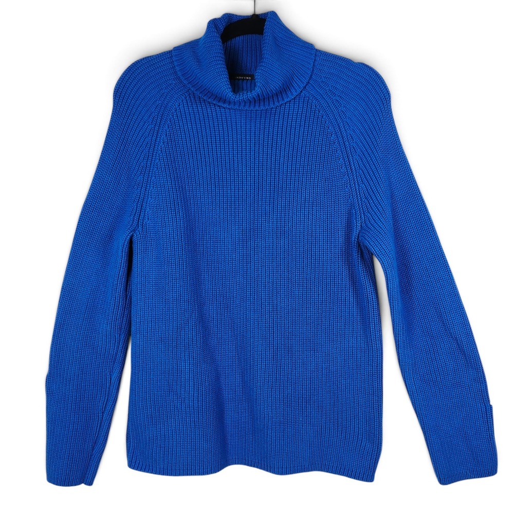 Lands' End Sweater Women Medium Turtleneck Royal Blue Shaker Knit Cotton Raglan